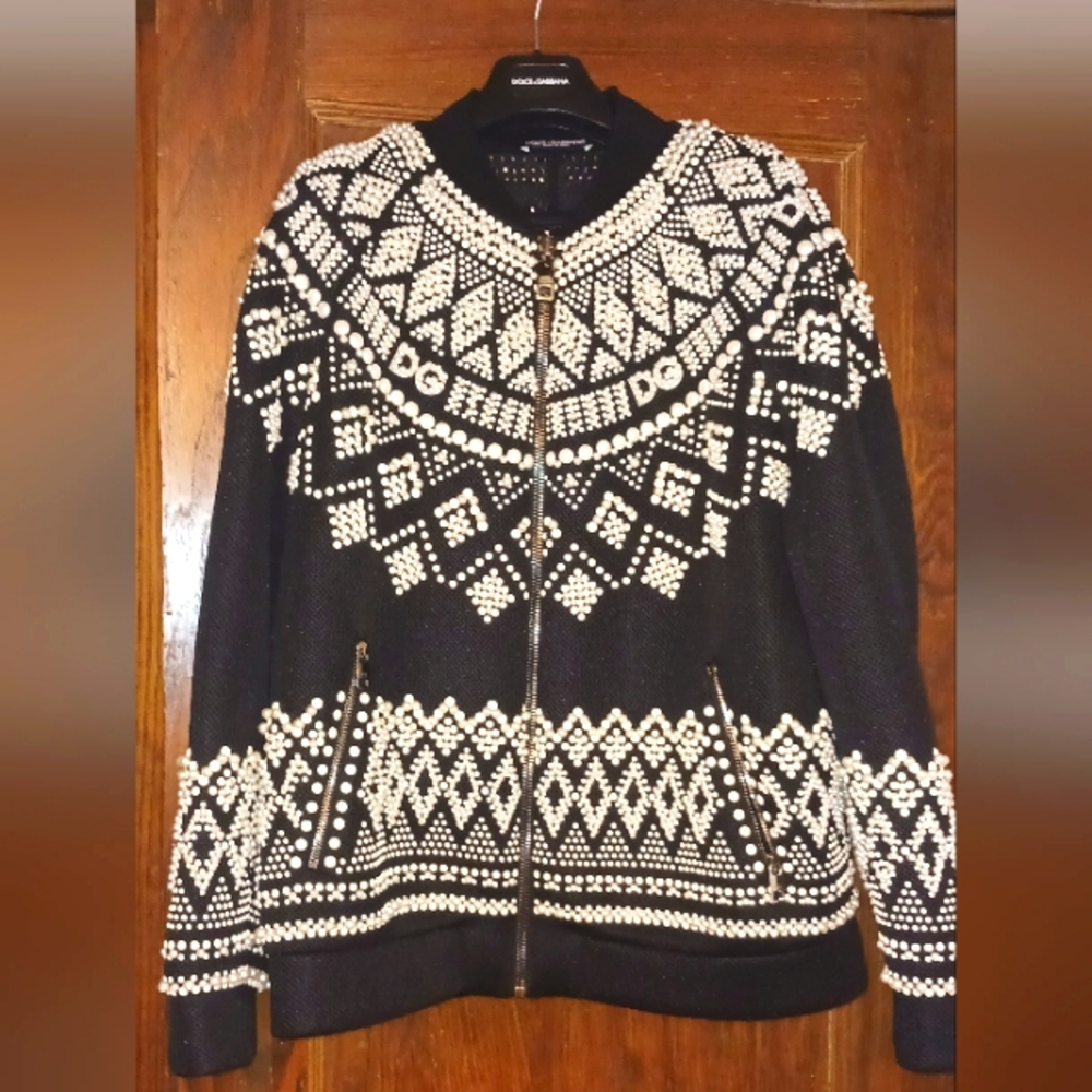 BRAND NEW DOLCE & GABBANA BLACK EMBELLISHED COTTON FULL ZIP SWEATER
